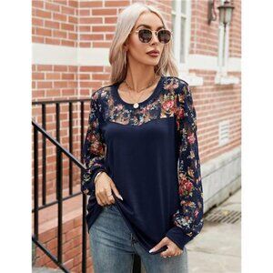 Navy Floral Print Lace Long Sleeve Top Blouse Pullover Loose Casual Tunic Shirt‎